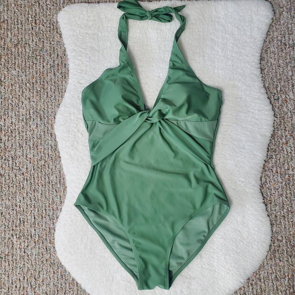 J.Hara New York One Piece Swimsuit Womens Size 8 Green Knot Front Halter Ties